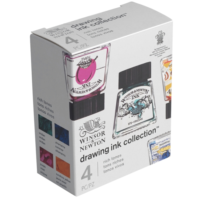 Набор туши художественной Winsor&Newton для рисования, 04цв. (ультрамарин, пурпурный, желт. канареечный, виридиан), 14мл, стекл. флакон, в картонной к