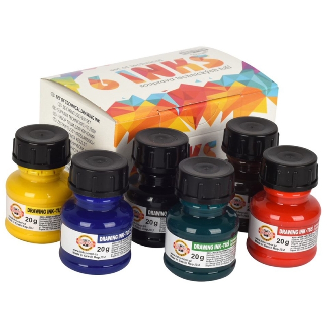 Тушь акриловая плакатная Koh-I-Noor, 20гр, 6цв, флакон в картон упак. Тушь акриловая плакатная Koh-I-Noor, 20гр, 6цв, флакон в картон упак.