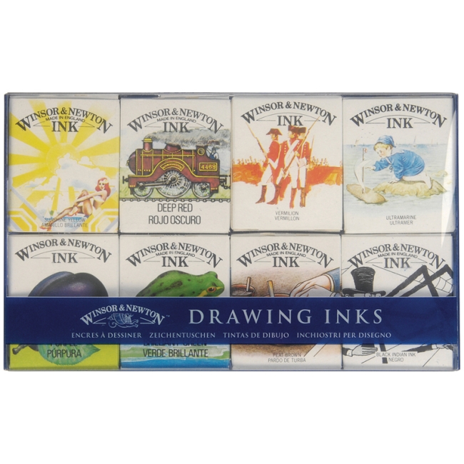 Набор туши художественной Winsor&Newton для рисования, коллекция Вилльям, 08цв., 14мл, стекл. флакон, картон/блистер коробка