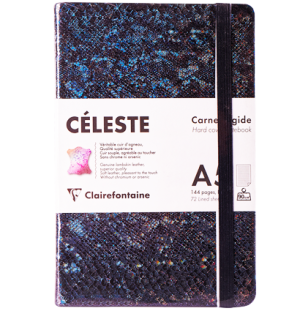 Записная книжка A5 72л. кожа, Clairefontaine "Celestial leather. Lazer Black", 90г/м2, резинка, лясс