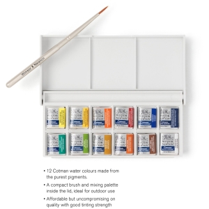 Набор акварели Cotman в пластиковой карманной коробке для эскизов (12 маленьких кюветов акварельных красок Cotman; компактная кисть; брошюра)