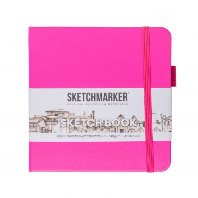 Блокнот для зарисовок Sketchmarker 140г/кв.м 12*12см 80л твердая обложка Неоновая фуксия