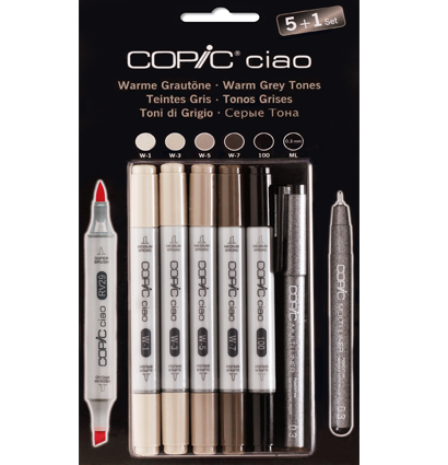 Набор маркеров Copic Ciao серые теплые оттенки 5цв + мультилинер 0.3мм