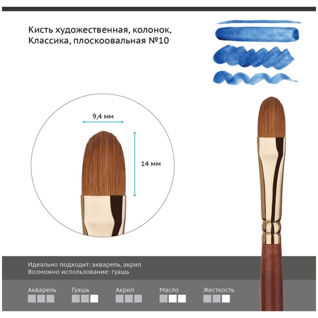 Кисть художественная колонок Гамма "Классика", плоскоовальная №10