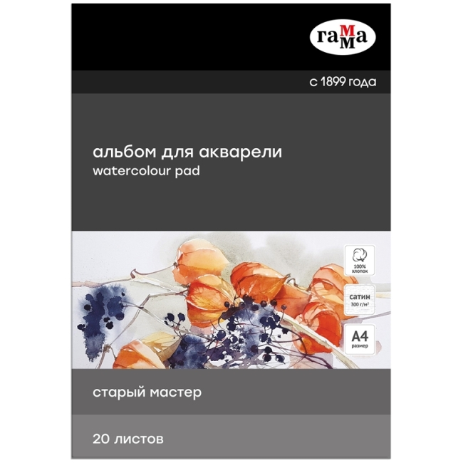 Альбом для акварели, 20л., А4, склейка с 4-х сторон Гамма "Старый Мастер", 300г/м2, сатин, 100% хлопок Альбом для акварели, 20л., А4, склейка с 4-х сторон Гамма "Старый Мастер", 300г/м2, сатин, 100% хлопок