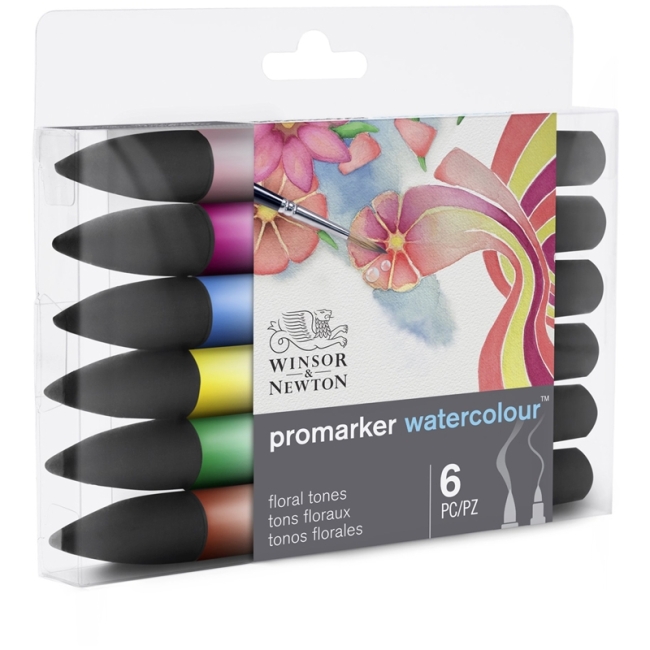 Набор акварельных маркеров-кистей худож двухсторонние Winsor&Newton "Watercolour Promarker", спиртовые, пулевидный/кисть, цв. 6 (цветочные оттенки)