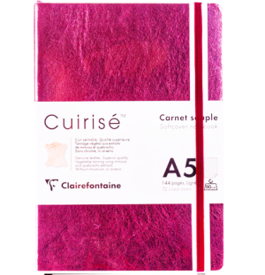 Записная книжка A5 72л. кожа, Clairefontaine "Cuiris. Cherry", 90г/м2, на резинке, ляссе, карман