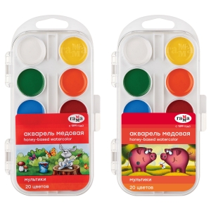 Акварель Гамма "Мультики" NEW, медовая, 20 цветов, без кисти, пластик. упак., европодвес