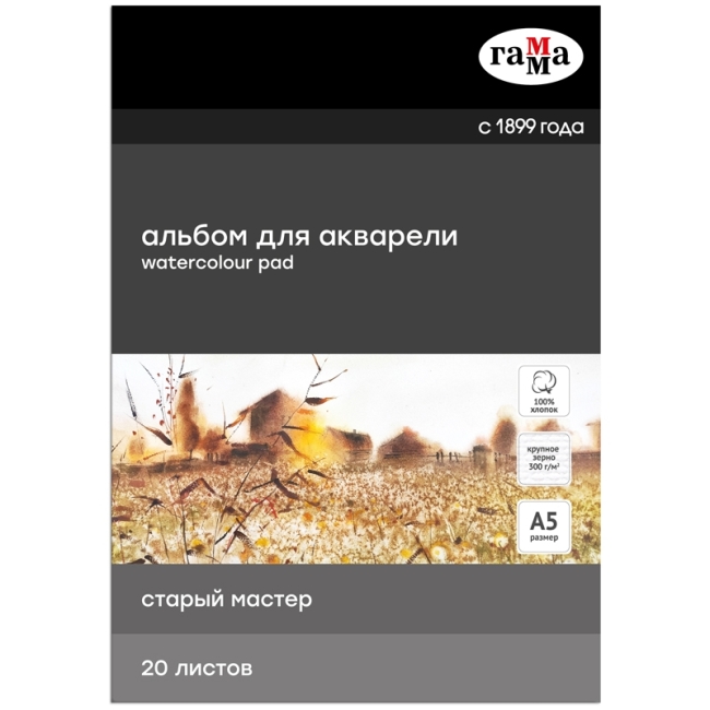 Альбом для акварели, 20л., А5,на склейке Гамма "Старый Мастер", 300г/м2, крупное зерно, 100% хлопок Альбом для акварели, 20л., А5,на склейке Гамма "Старый Мастер", 300г/м2, крупное зерно, 100% хлопок