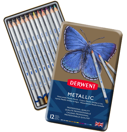 Набор цветных карандашей с цветом металлик Derwent Metallic 12 штук в фирменном пенале купить в художественном магазине ArtCraft.Space с доставкой по РФ и СНГ
