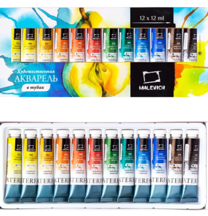 Набор акварельных красок Малевичъ WaterFall, 12 цв. по 12 мл