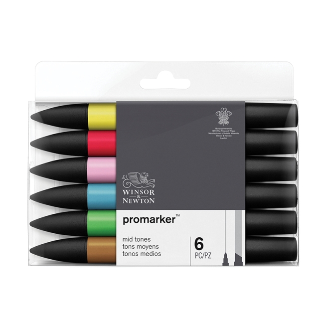 Набор художественных маркеров двухсторонних Winsor&Newton "Pro", пулевидный/скошенный, 2мм/7мм, 06цв., основный оттенки