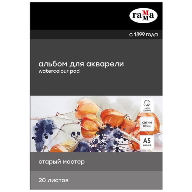 Альбом для акварели, 20л., А5,на склейке Гамма "Старый Мастер", 300г/м2,сатин, 100% хлопок Альбом для акварели, 20л., А5,на склейке Гамма "Старый Мастер", 300г/м2,сатин, 100% хлопок