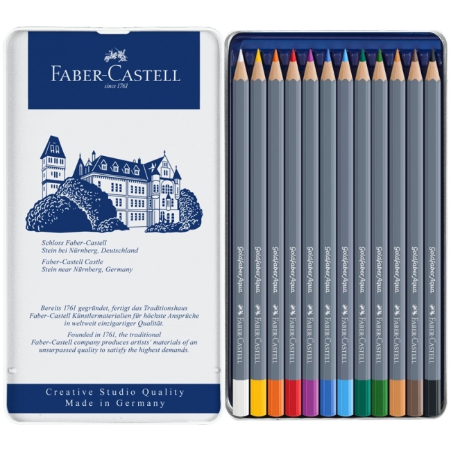 Карандаши акварельные художественные Faber-Castell "Goldfaber Aqua", 12цв, метал. коробка Карандаши акварельные художественные Faber-Castell "Goldfaber Aqua", 12цв, метал. коробка