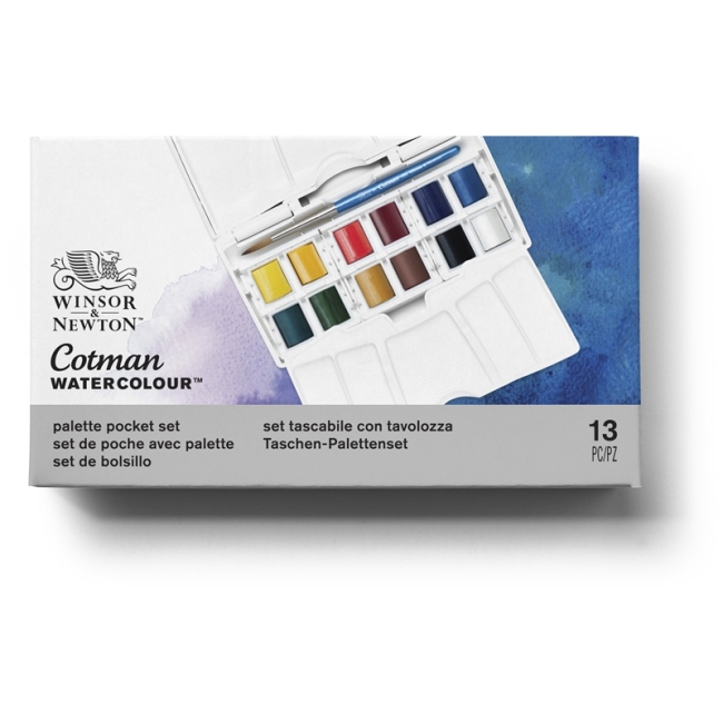 Набор акварели Cotman, карманный набор Pocket Plus (12 x маленьких кюветов, 1 х кисть компактная №5) в пластиковой коробке со съемной палитрой, в пластиковой коробке