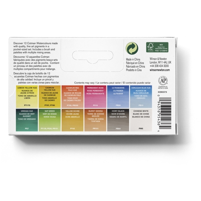 Набор акварели Cotman, карманный набор Pocket Plus (12 x маленьких кюветов, 1 х кисть компактная №5) в пластиковой коробке со съемной палитрой, в пластиковой коробке