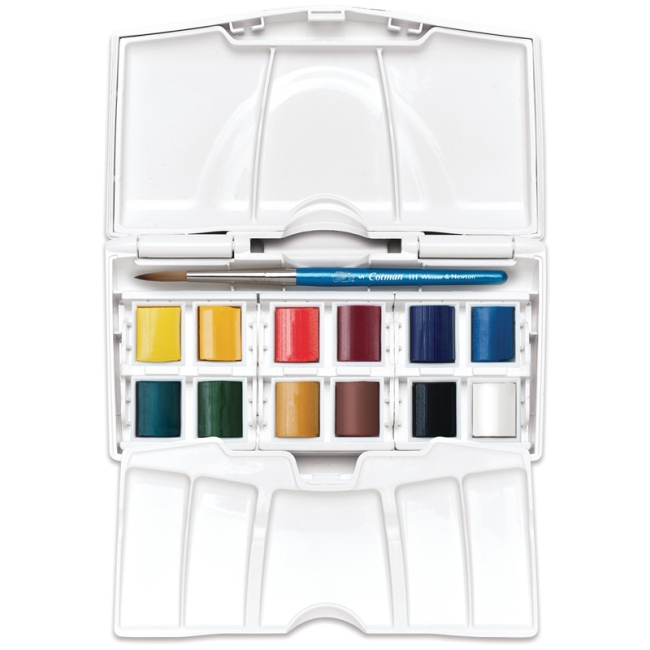 Акварель Winsor&Newton "Cotman" Pocket plus, 12цв., мал. кюв., компакт. кисть, пласт. карманная коробка