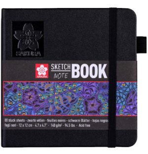 Блокнот для зарисовок Sakura 140г/кв.м 12*12см 80л черная бумага твердая обложка черный, Блокнот для зарисовок Sakura 140г/кв.м 12*12см 80л черная бумага твердая обложка черный,