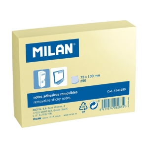 Бумага для заметок MILAN самоклеящаяся 75х100мм 250л желтая пастельная в термоусадочной пленке