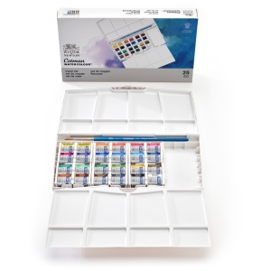 Набор акварели Cotman, РИСОВАНИЕ ПЛЮС, маленькие кюветы  (24 х маленьких кювета, 1 х кисть серии 111 №3) в пластиковой коробке