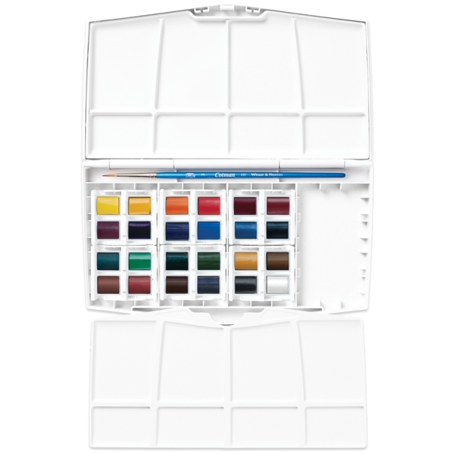 Набор акварели Cotman, РИСОВАНИЕ ПЛЮС, маленькие кюветы  (24 х маленьких кювета, 1 х кисть серии 111 №3) в пластиковой коробке