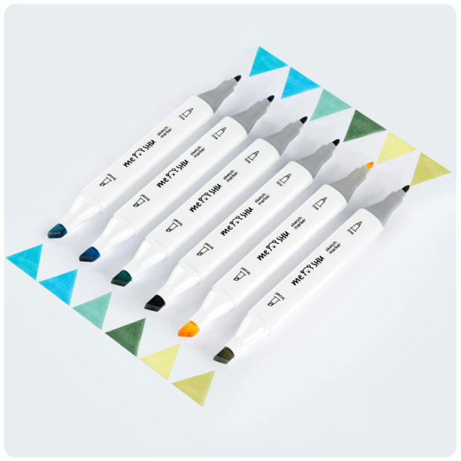 Набор двусторонних маркеров для скетчинга MESHU 06цв., морские цвета, корпус трехгранный, пулевид./клиновид.наконечники, ПВХ-бокс Набор двусторонних маркеров для скетчинга MESHU 06цв., морские цвета, корпус трехгранный, пулевид./клиновид.наконечники, ПВХ-бокс