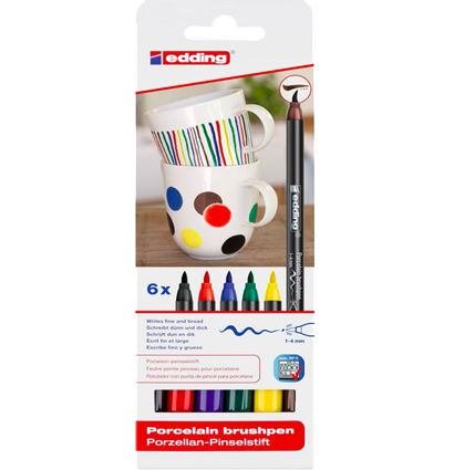 Набор маркеров по фарфору Edding 4200 Porcelain Brushpen 6 цветов с пером-кистью купить в магазине маркеров ArtCraft.Space с доставкой по всему миру