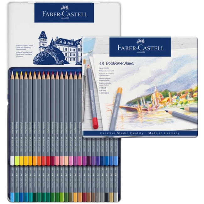Карандаши акварельные художественные Faber-Castell "Goldfaber Aqua", 48цв, метал. коробка Карандаши акварельные художественные Faber-Castell "Goldfaber Aqua", 48цв, метал. коробка