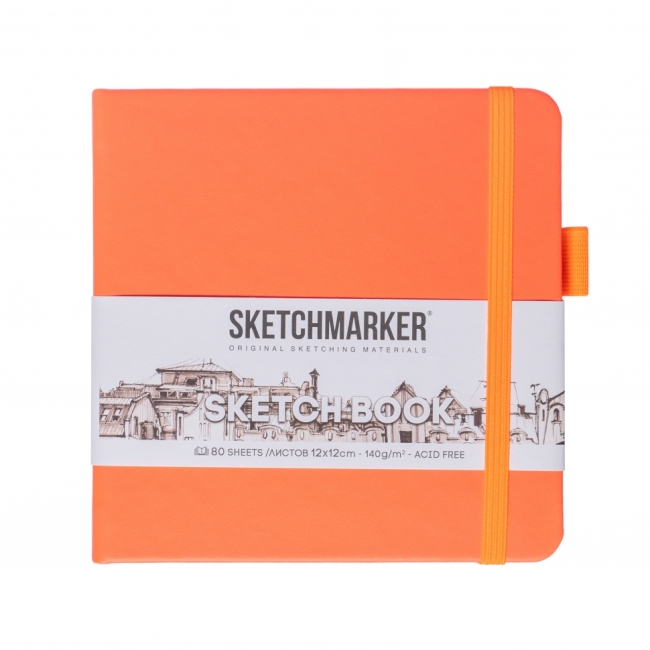 Блокнот для зарисовок Sketchmarker 140г/кв.м 12*12см 80л твердая обложка Неоновый коралл