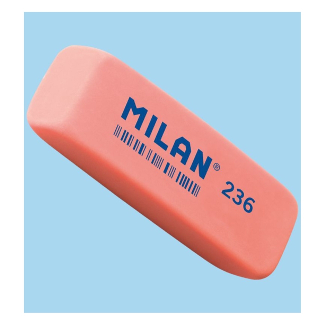Ластик MILAN 236 прямоугольный скошенный 56*19*9 мм  из пластика для стирания графита, цвета в ассортименте  (флюоресцентный)