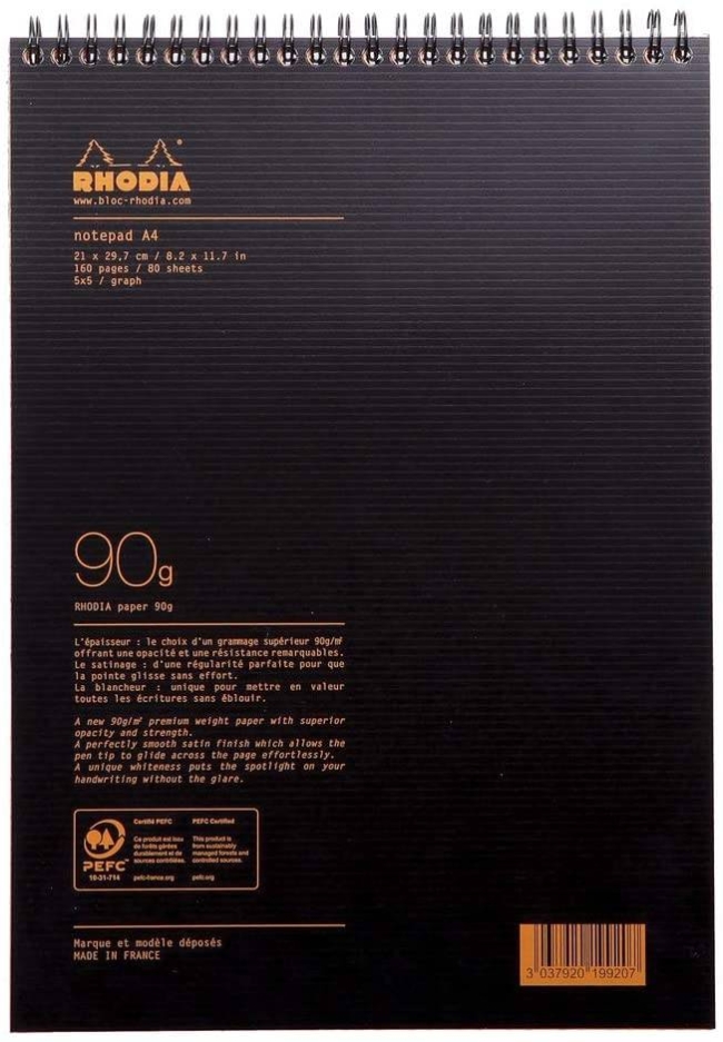 Блокнот Rhodiactive 90г/кв.м 21х29,7см микроперфорация клетка 80л полипропиленовая обложка черный