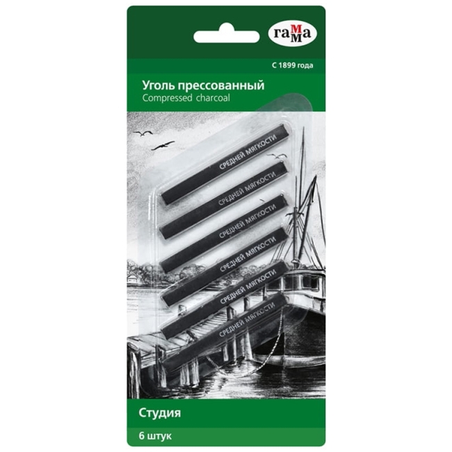 Уголь прессованный Гамма "Студия", средней мягкости, квадратный, 6шт., блистер, европодвес Уголь прессованный Гамма "Студия", средней мягкости, квадратный, 6шт., блистер, европодвес