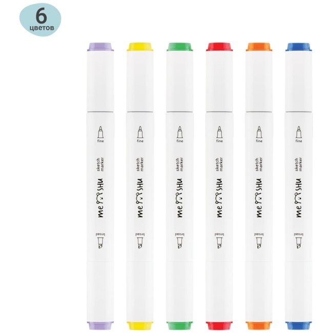 Набор двусторонних маркеров для скетчинга MESHU 06цв., основные цвета, корпус трехгранный, пулевид./клиновид.наконечники, ПВХ-бокс Набор двусторонних маркеров для скетчинга MESHU 06цв., основные цвета, корпус трехгранный, пулевид./клиновид.наконечники, ПВХ-бокс