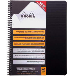 Блокнот Rhodiactive 90г/кв.м 22,5х29,7см микроперфорация клетка 80л спираль полипропиленовая обложка черный