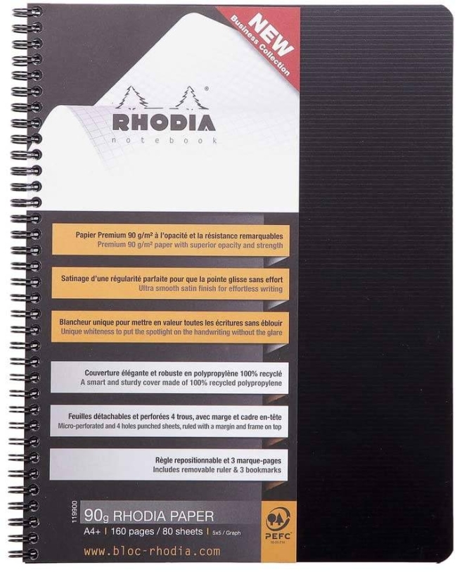 Блокнот Rhodiactive 90г/кв.м 22,5х29,7см микроперфорация клетка 80л спираль полипропиленовая обложка черный