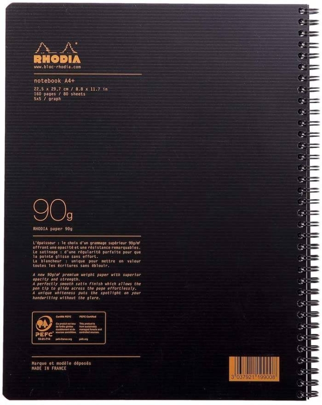 Блокнот Rhodiactive 90г/кв.м 22,5х29,7см микроперфорация клетка 80л спираль полипропиленовая обложка черный