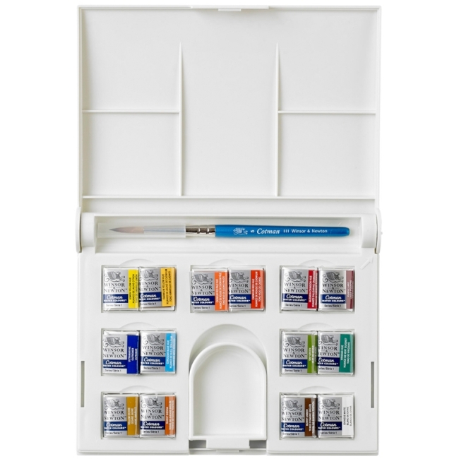 Набор акварели компактный Cotman (14 маленьких кюветов, кисть Cotman серии 111 для акварели), в пластиковой коробке