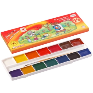 Акварель Гамма "Мультики", медовая, 14 цветов, с кистью, картон. упак.