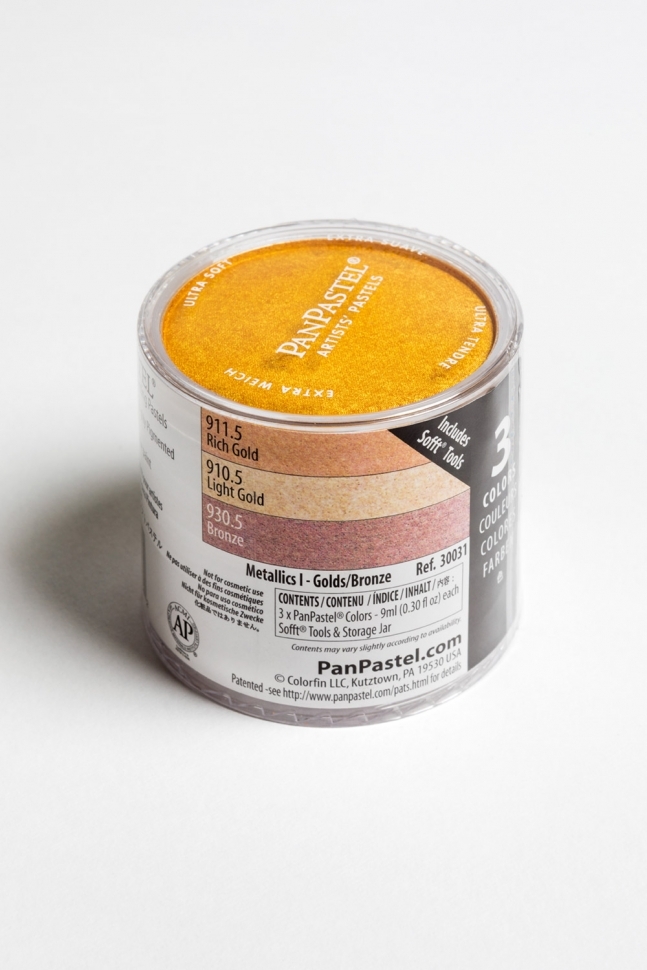 Набор PanPastel, 4 спонжика и 3 цв. Металлик Насыщ.золото, светлое золото, бронза