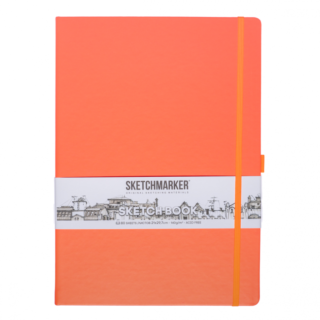 Блокнот для зарисовок Sketchmarker 140г/кв.м 21*29.7см 80л твердая обложка Неоновый коралл