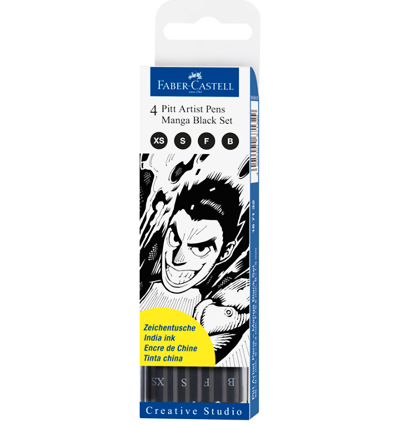 Набор черных линеров и брашпенов "Manga Black" Faber-Castell Pitt Artist Pen 4 штуки купить в художественном магазине ArtCraft.Space с доставкой по РФ и СНГ