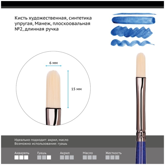 Кисть художественная синтетика упругая Гамма "Манеж", плоскоовальная №2, длинная ручка