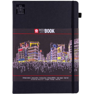 Блокнот для зарисовок Sakura 140г/кв.м 21*30см 80л черная бумага твердая обложка черный, Блокнот для зарисовок Sakura 140г/кв.м 21*30см 80л черная бумага твердая обложка черный,