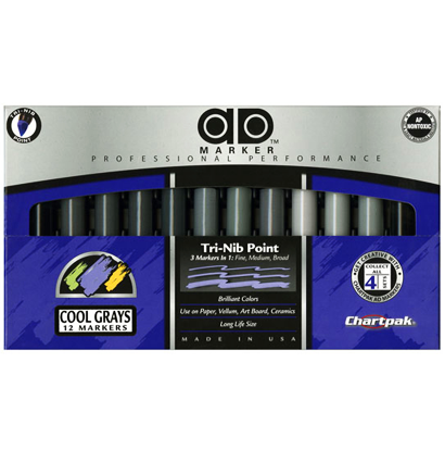 Купить набор маркеров для скетчинга Chartpak AD Markers 12 Cool Grays Чартпак холодные серые в интернет-магазине товаров для скетчинга и рисования ArtCraft.Space