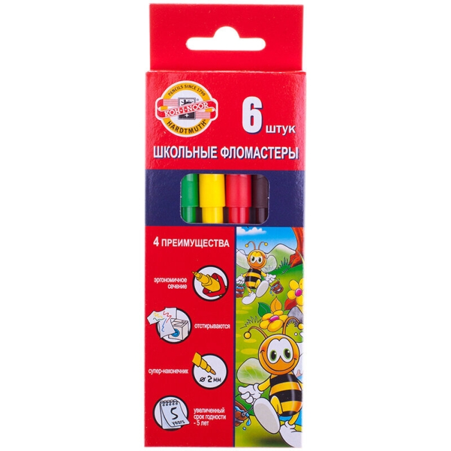 Фломастеры Koh-I-Noor "Пчелка", 06цв., трехгранные, смываемые, картон, европодвес Фломастеры Koh-I-Noor "Пчелка", 06цв., трехгранные, смываемые, картон, европодвес