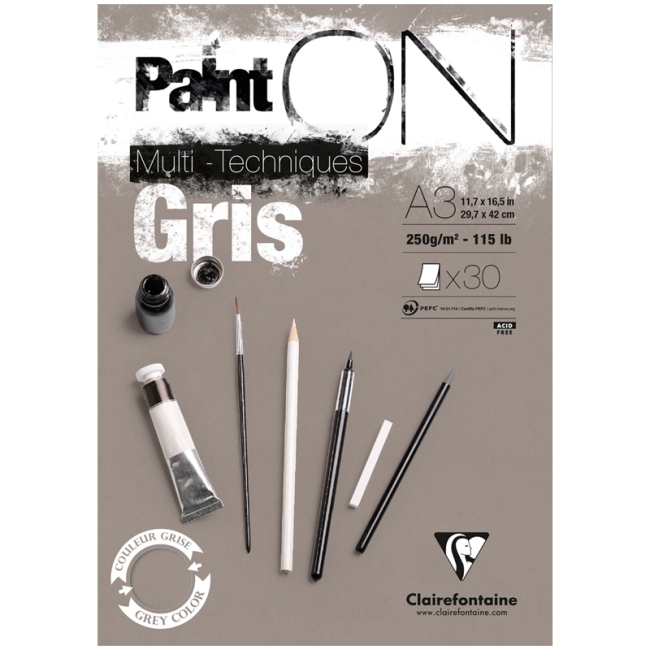 Скетчбук - альбом для смешанных техник 20л., А3, на склейке Clairefontaine "Paint'On Grey", 250г/м2, серый
