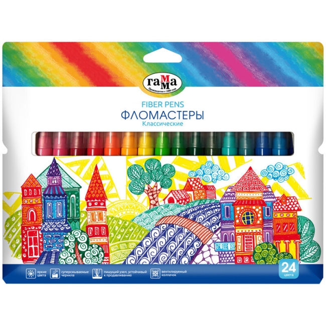 Фломастеры Гамма "Классические", 24цв., смываемые, картон. упак., европодвес Фломастеры Гамма "Классические", 24цв., смываемые, картон. упак., европодвес