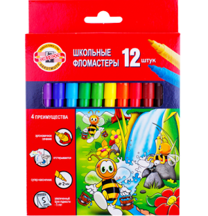 Фломастеры Koh-I-Noor "Пчелка", 12цв., трехгранные, смываемые, картон, европодвес