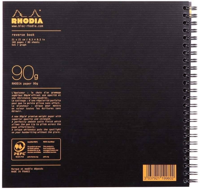 Блокнот Rhodiactive Reverse book 90г/кв.м 21х21см микроперфорация клетка 80л полипропиленовая обложка черный