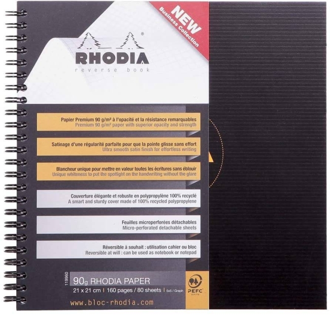 Блокнот Rhodiactive Reverse book в клетку полипропиленовая обложка черный 21 х 21 см / 80 листов / 90 гм купить в художественном магазине ArtCraft.Space